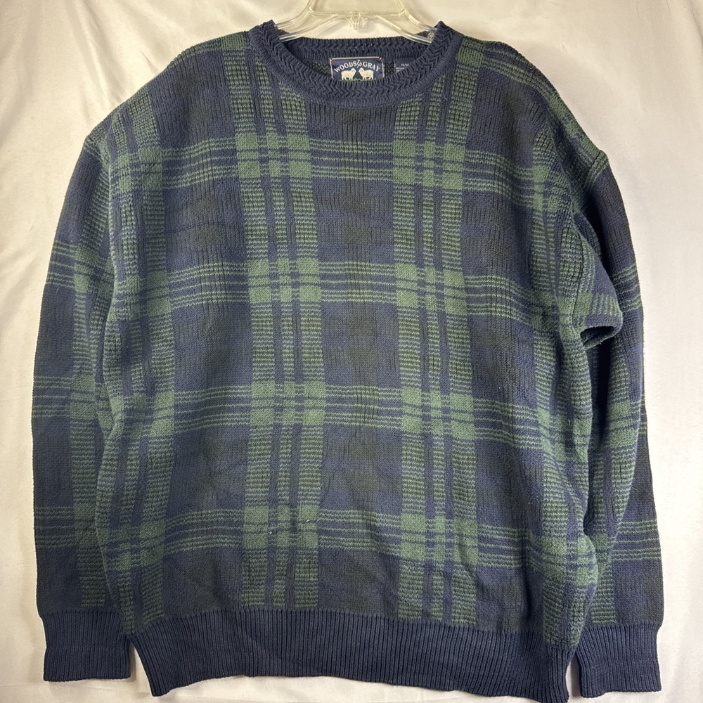 Woods & Gray Knit‎ Sweater Size Medium Black Watch Plaid Cotton Long Sleeve